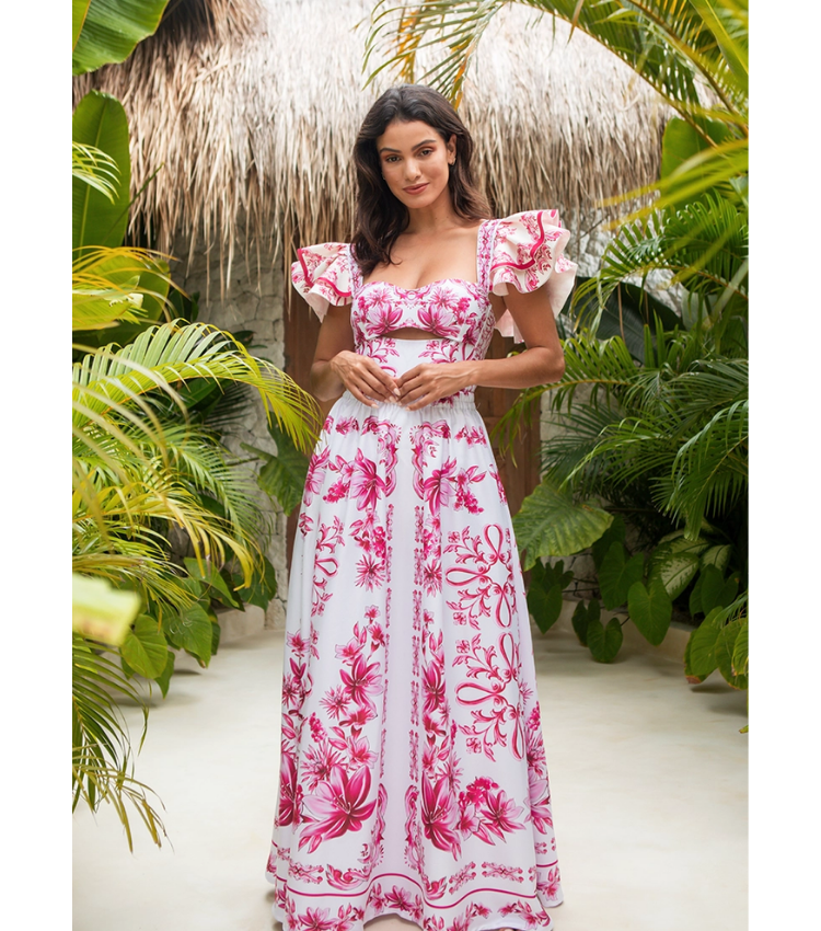 Ruffle Cut Out Lily and Majolica Series Pattern Print One Piece Swimsuit and Skirt or Pants