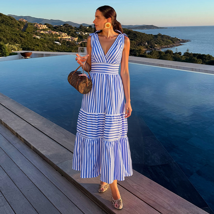 Bowknot Striped Print One Piece Swimsuit and Skirt