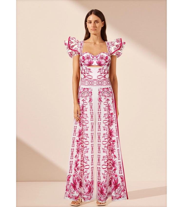 Ruffle Cut Out Lily and Majolica Series Pattern Print One Piece Swimsuit and Skirt or Pants