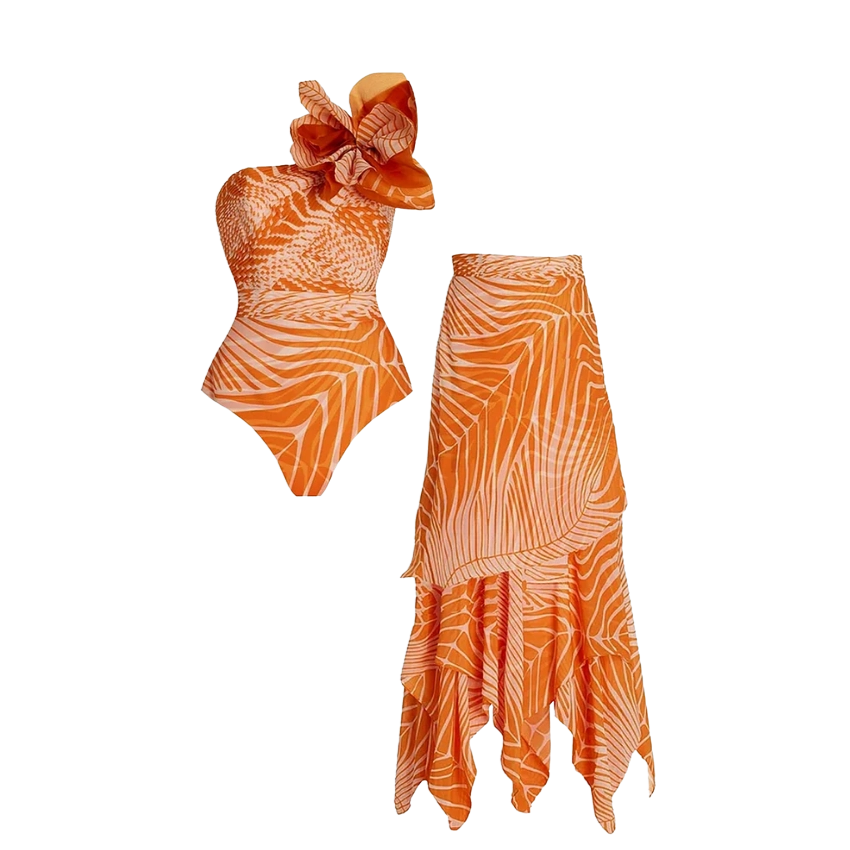 3D Flower Printed One Piece Swimsuit and Skirt Flaxmaker