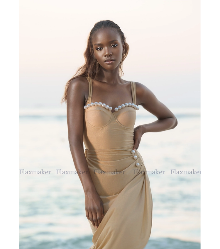 Shiny Fabric Sling Pearl Decor Light Golden One Piece Swimsuit and Skirt