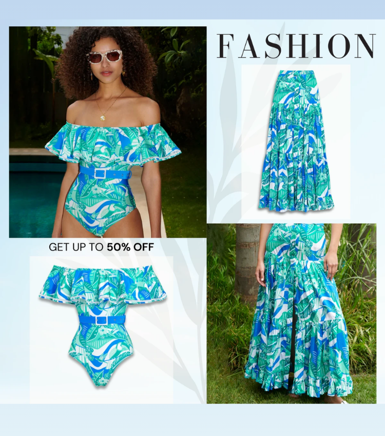 Off  Shoulder Ruffled Printed One Piece Swimsuit and Skirt