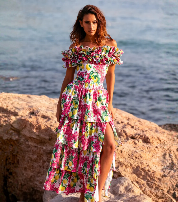 Bandeau Ruffled Lemon Floral Print One Piece Swimsuit and Mesh Splicing Sarong