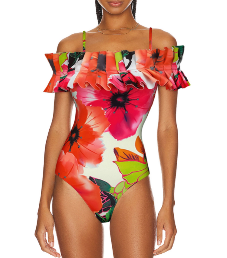 Off Shoulder Ruffled Printed One Piece Swimsuit and Skirt Flaxmaker