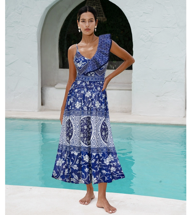 Asymmetrical Ruffle Printed One Piece Swimsuit and Skirt Flaxmaker