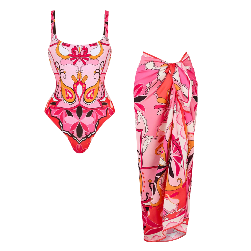 Printed One Piece Swimsuit and Sarong Flaxmaker