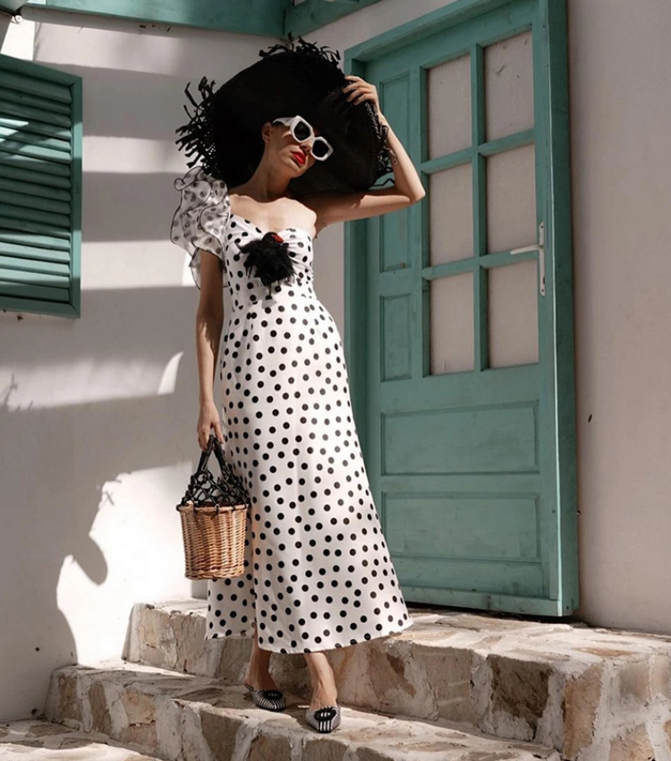 One Shoulder Ruffle Dot Printed Cut Out One Piece Swimsuit and Skirt Flaxmaker