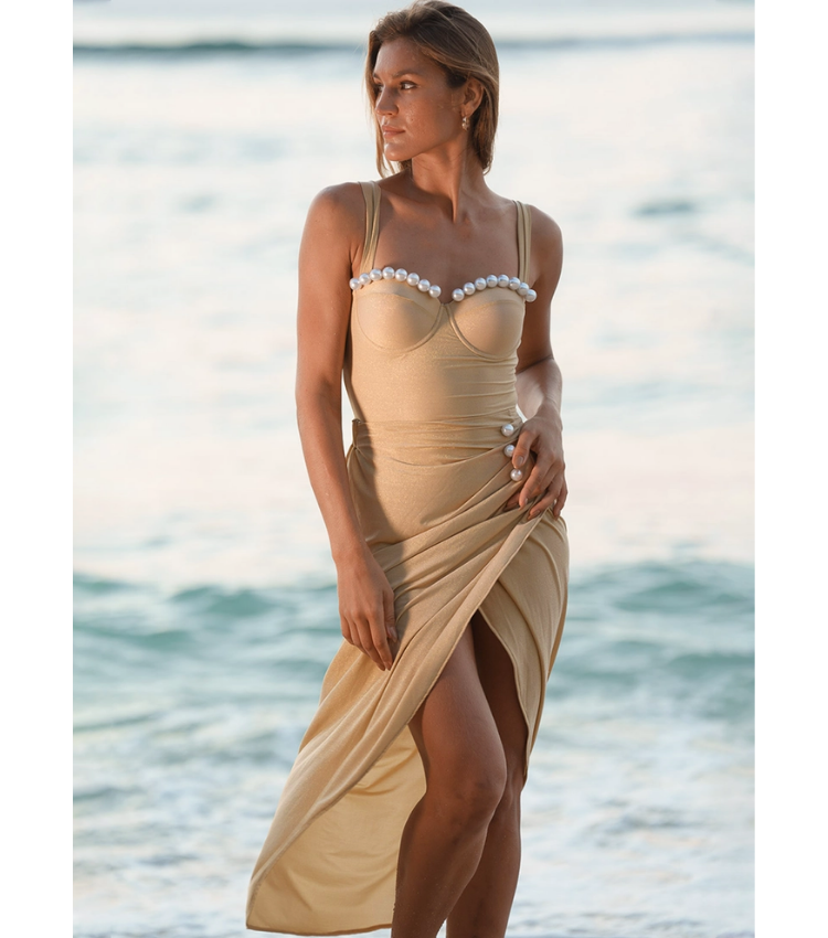 Shiny Fabric Sling Pearl Decor Light Golden One Piece Swimsuit and Skirt