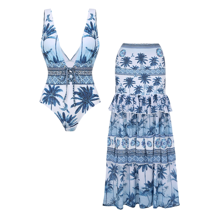 V Neck Lace Up Printed One Piece Swimsuit and Skirt