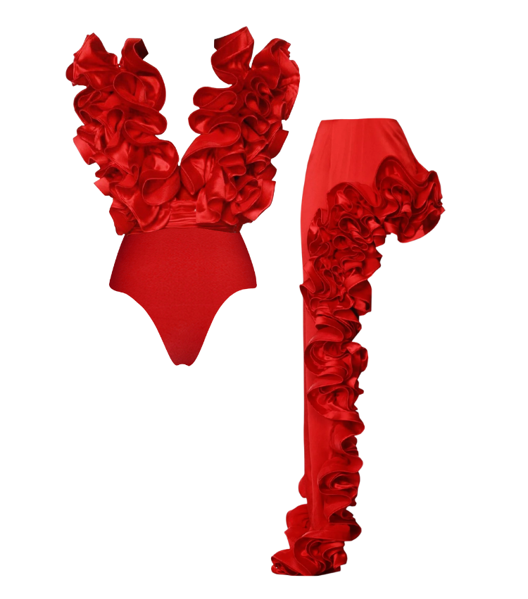 Frilled V Neck Red One Piece Swimsuit and Skirt Flaxmaker