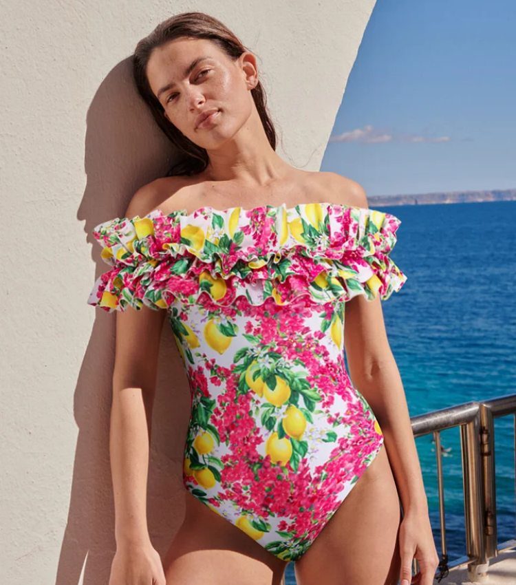 Bandeau Ruffled Lemon Floral Print One Piece Swimsuit and Mesh Splicing Sarong