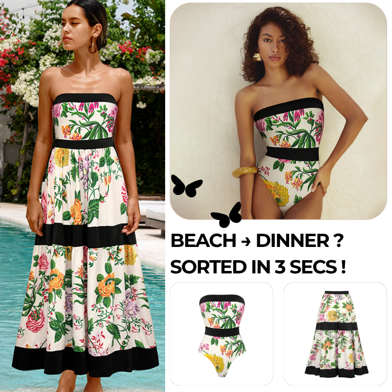 Off Shoulder Back Bow Tie Color Block Printed One Piece Swimsuit and Skirt Flaxmaker