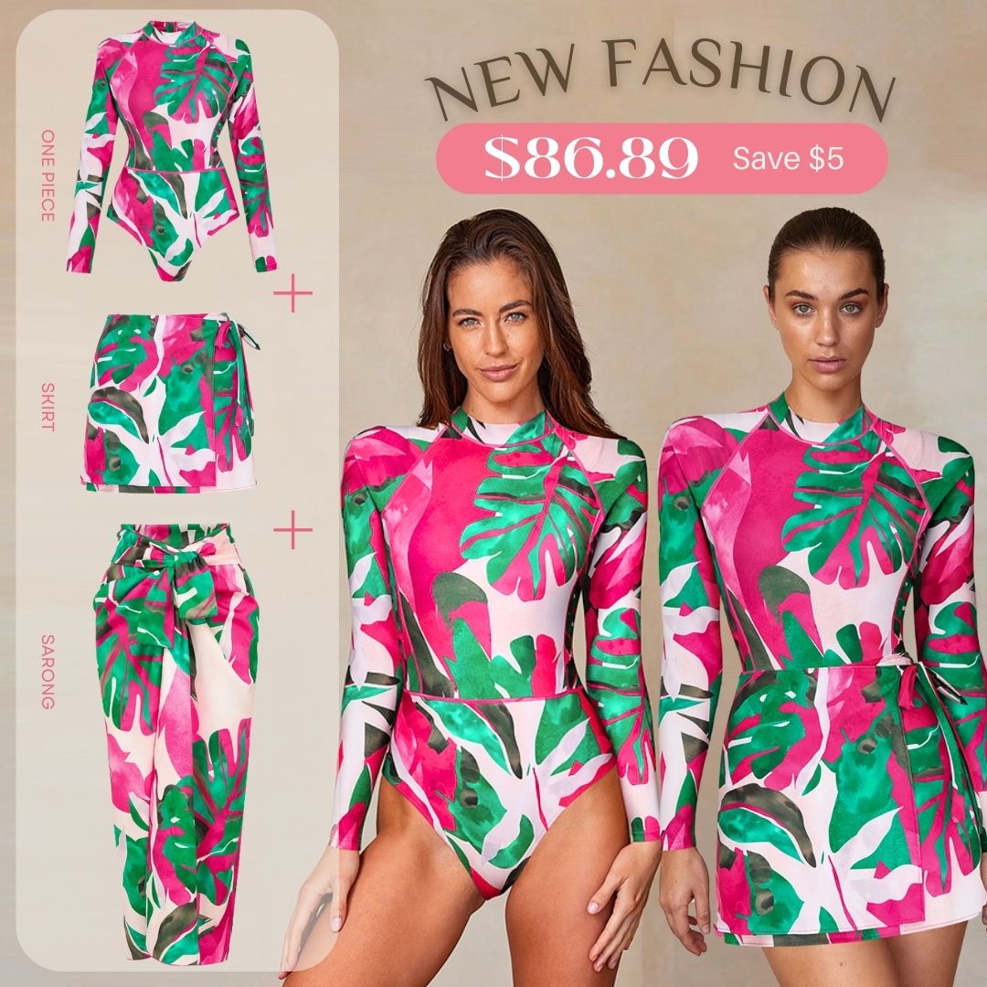 Abstract Rose Red Contrast Print Long sleeve  One Piece Swimsuit and Skirt