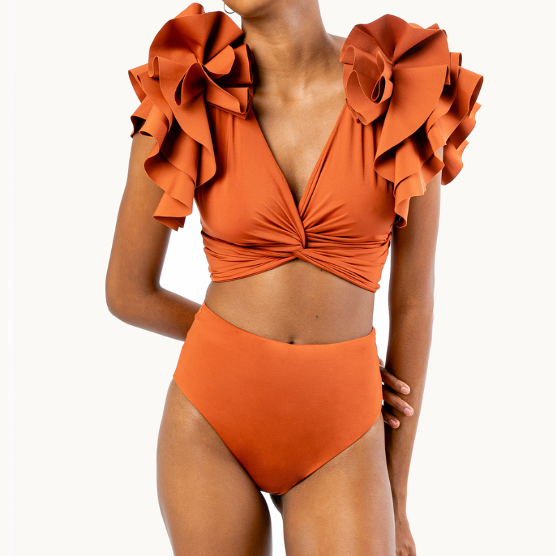 Ruffle Solid Black Bikini Swimsuit