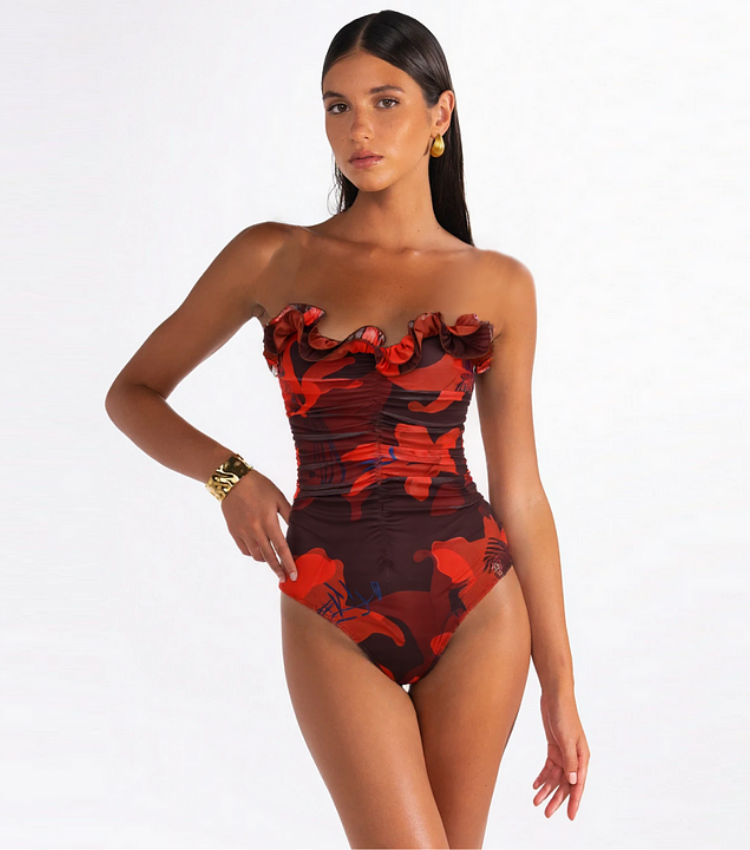 Lily Contrast Print Fabric Patchwork One Piece Swimsuit and Skirt