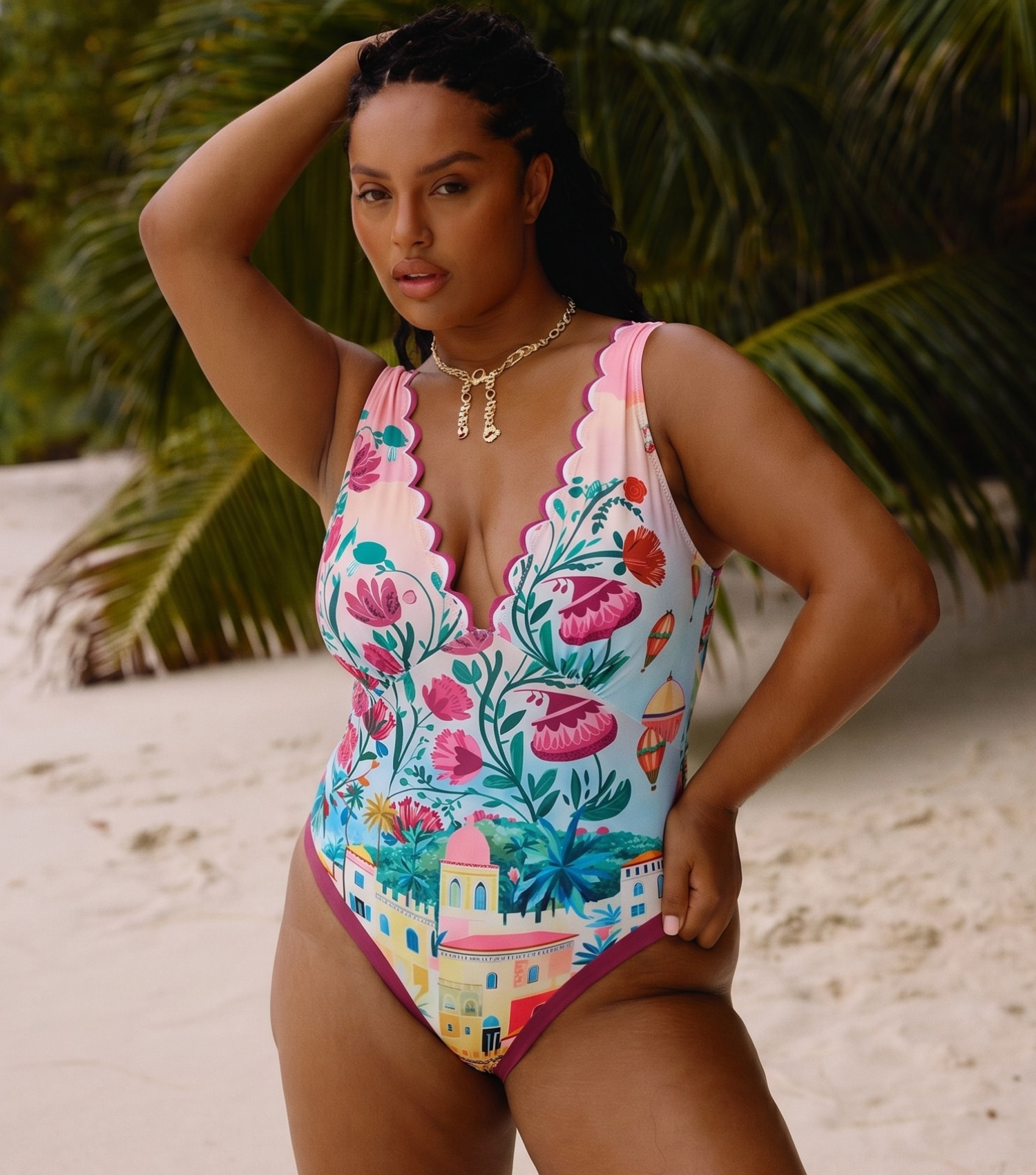 Plus Size Scallop Cut Neck One Piece Swimsuit and Skirt
