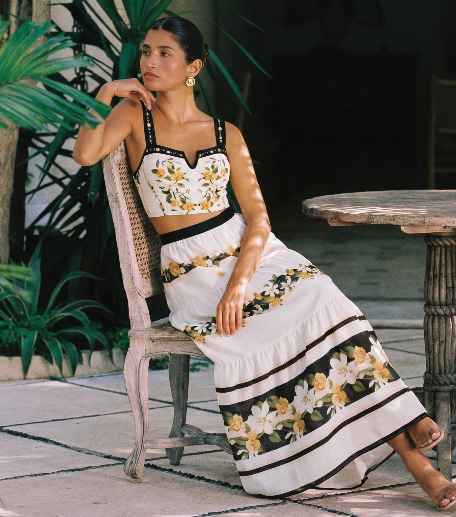Black Beige And Orange Floral Print Two-Piece Swimsuit Set(s)