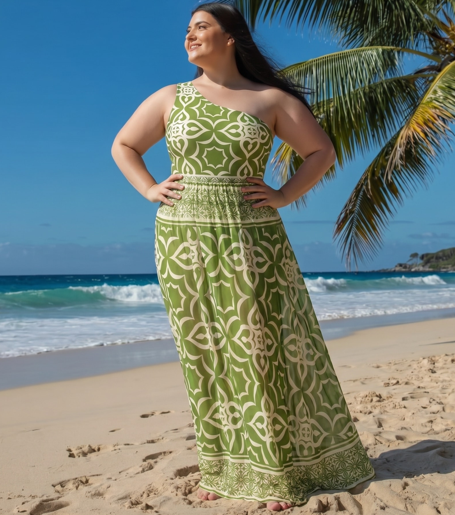 Plus Size One Shoulder Retro Print One Piece Swimsuit and Skirt