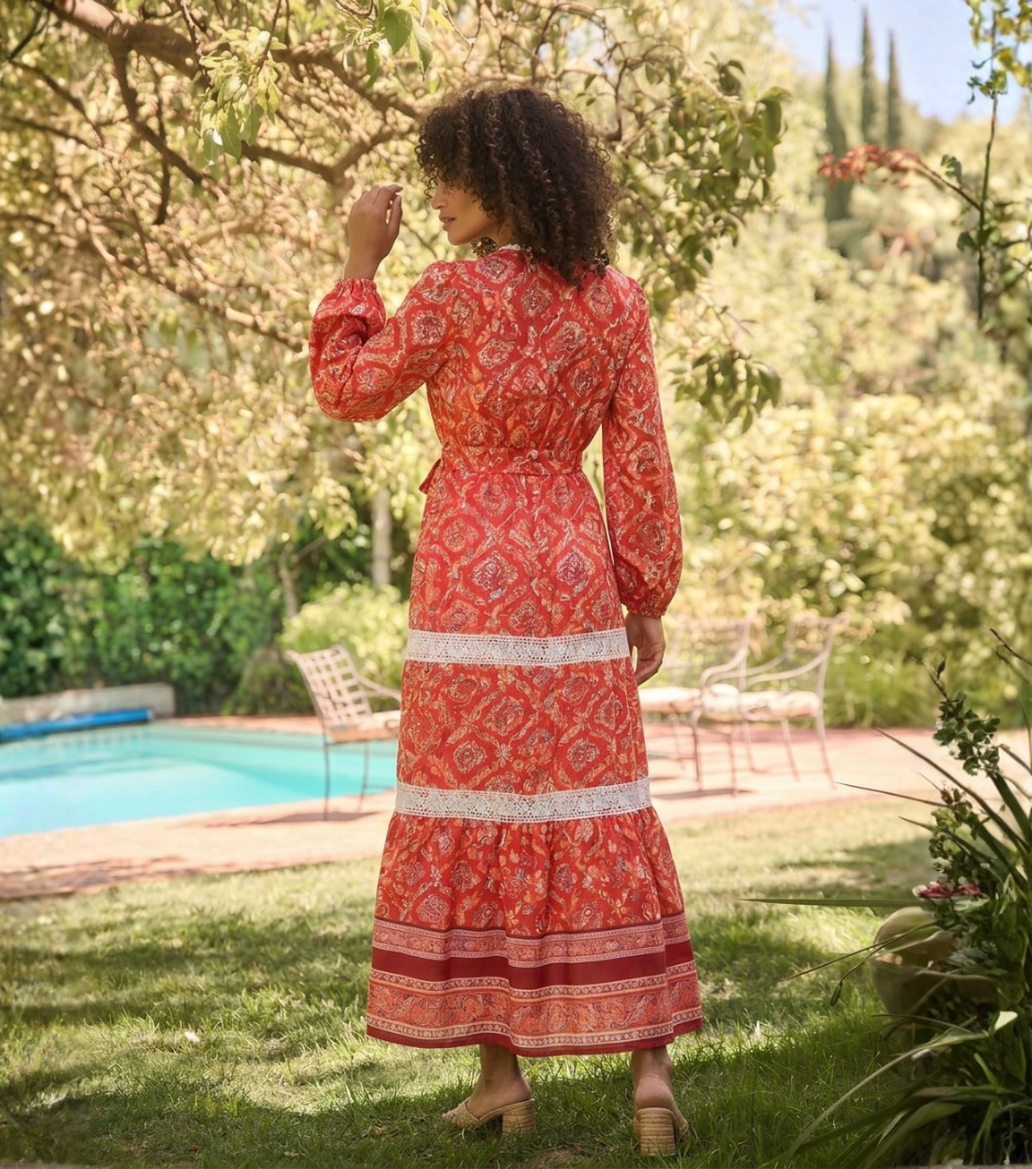 Red Ethnic Geometric Lace Trim Bubble Sleeve Maxi Dress