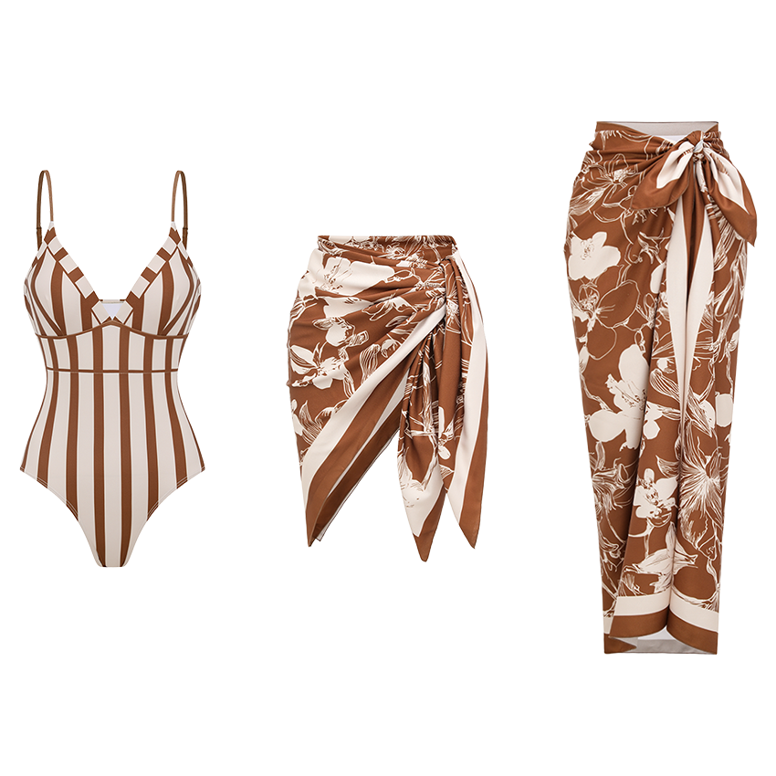 V-neck Brown stripes Print Swimsuit Set(s)
