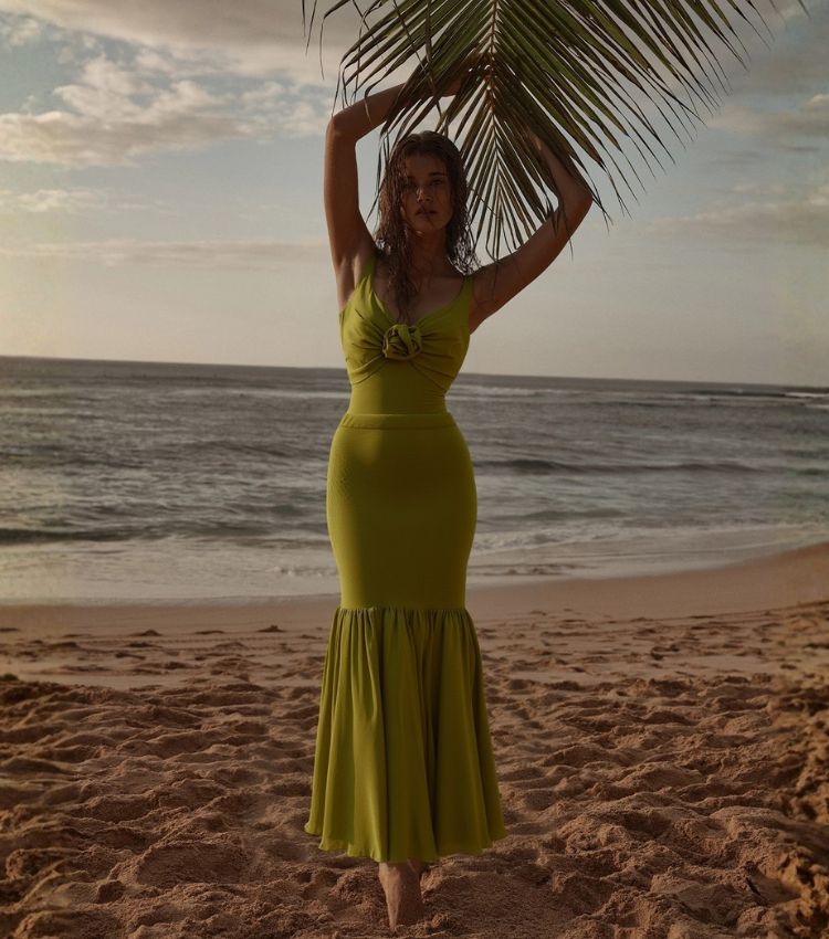 Olive solid color 3D flowers Swimsuit Set(s)