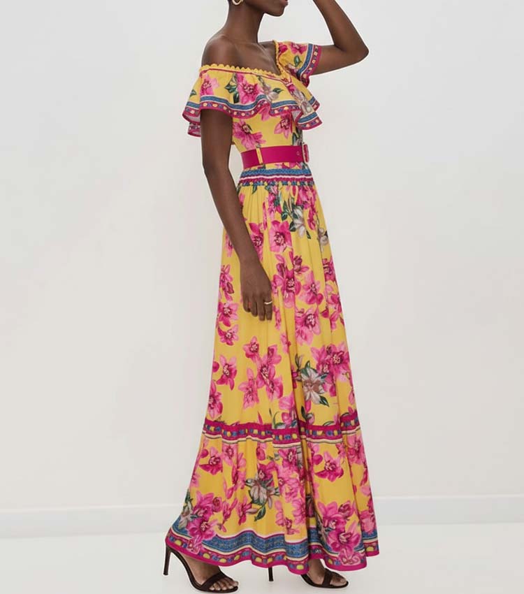 Bandeau Ruffled Orchid Print One Piece Swimsuit and Skirt