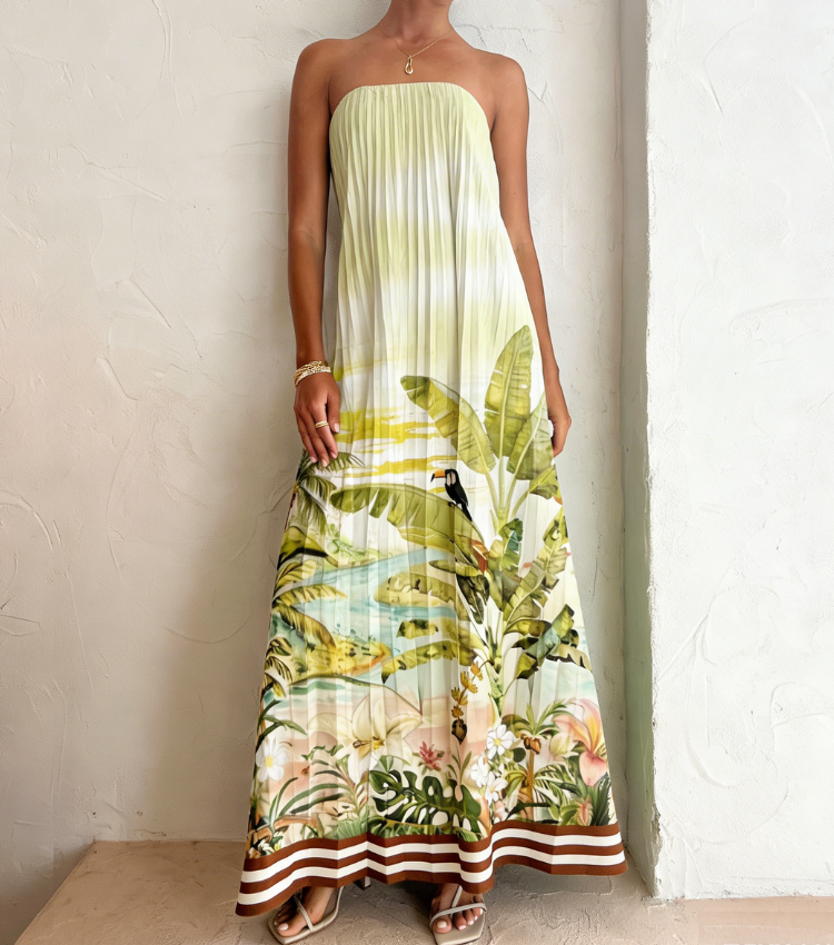 Resort-style pleated strapless dress