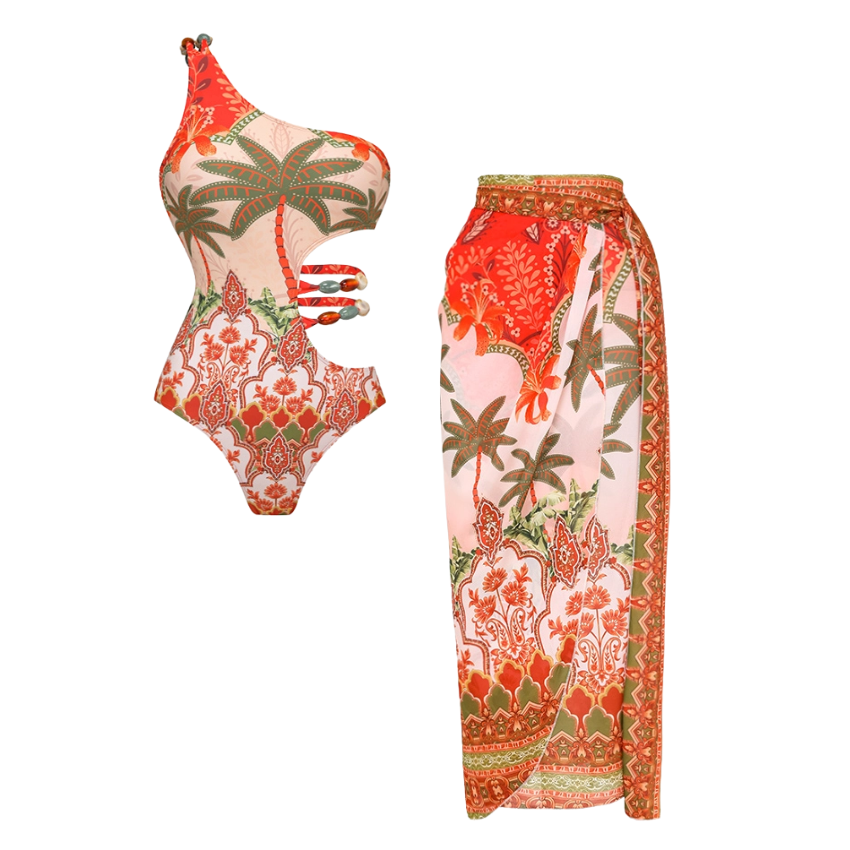 Beaded Cutout One Shoulder Coconut Palm Print One Piece Swimsuit and Skirt