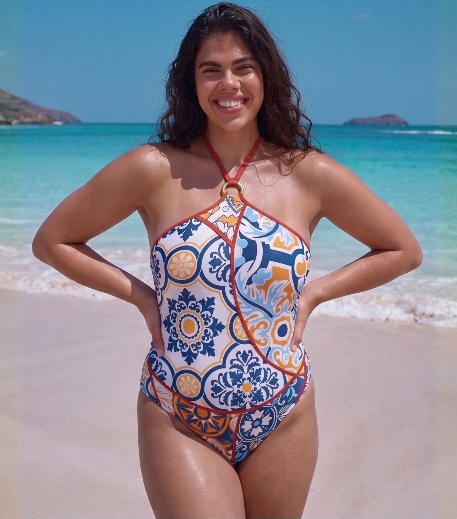 Plus Size Printed Halter One Piece Swimsuit and Sarong Flaxmaker
