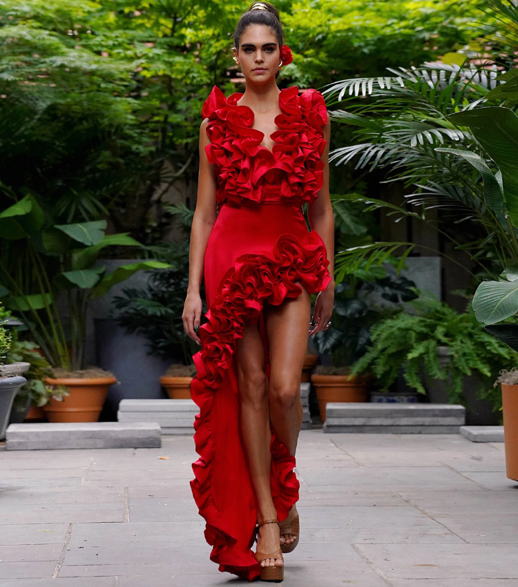 Frilled V Neck Red One Piece Swimsuit and Skirt Flaxmaker