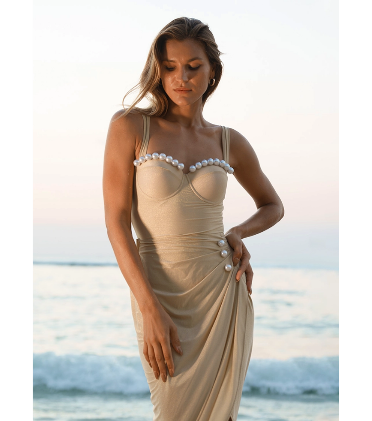 Shiny Fabric Sling Pearl Decor Light Golden One Piece Swimsuit and Skirt