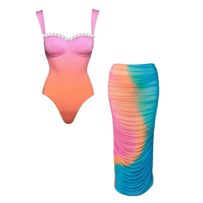 Sling Artificial Pearl Decor Color Block One Piece Swimsuit and Skirt