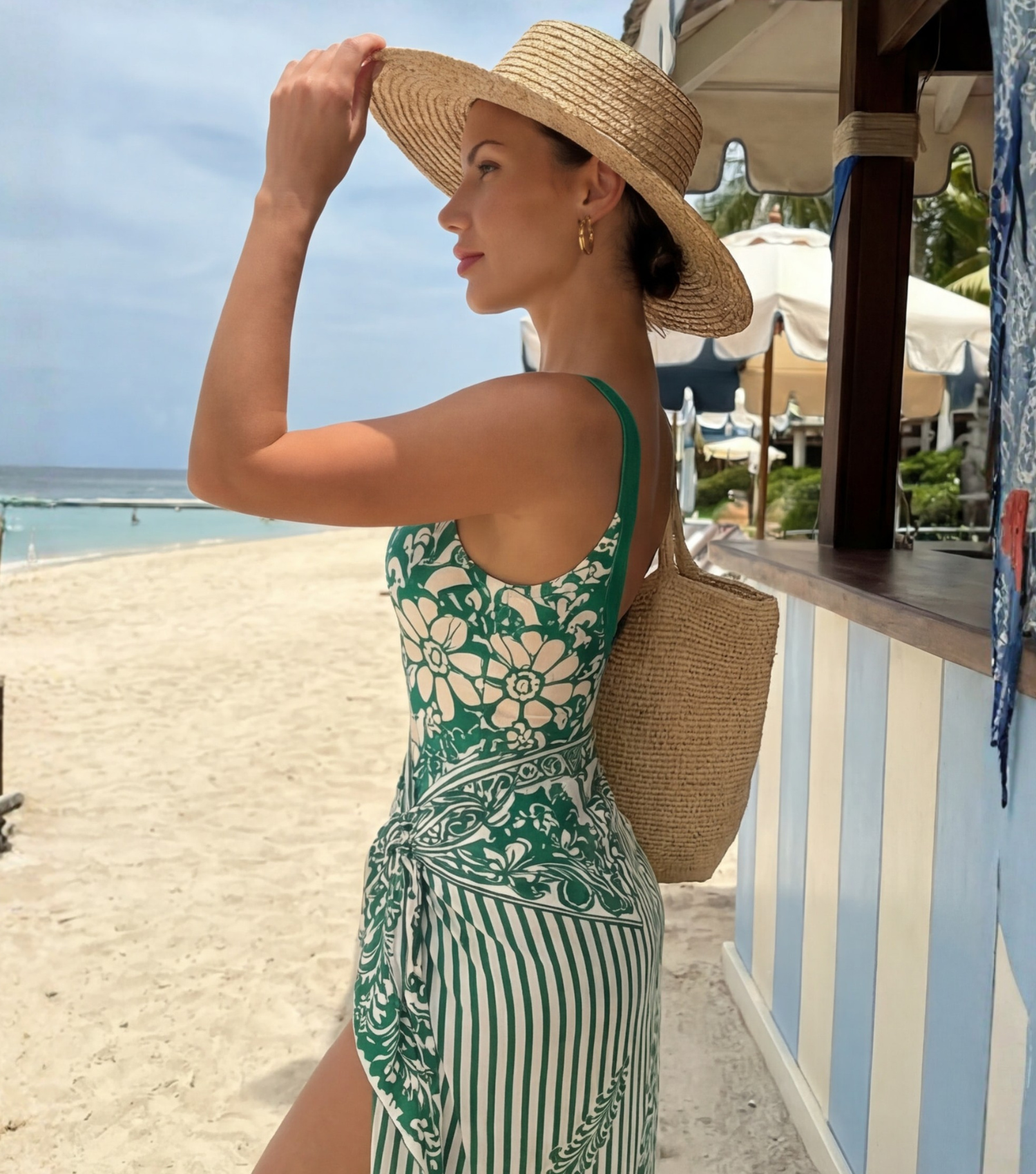 V-neck Green Print Swimsuit set(s)