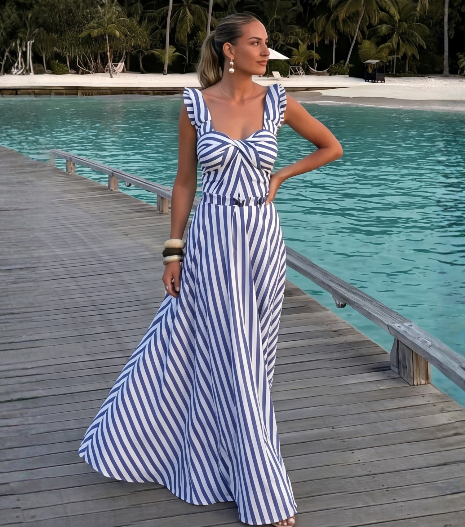 Plus Size Ruffle Striped Print One Piece Swimsuit and Skirt