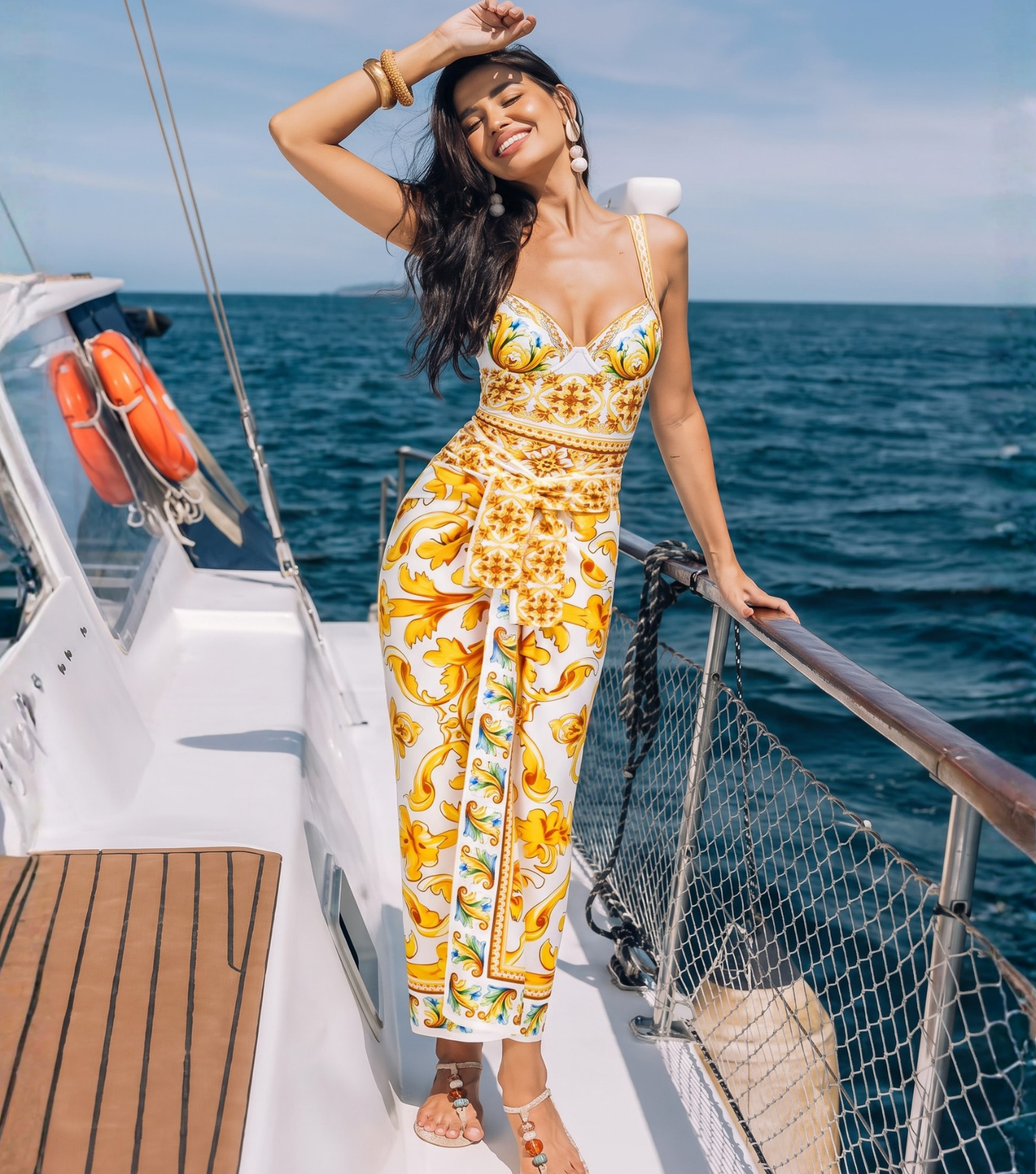 Sling Chest Support Golden Majolica Print One Piece Swimsuit and Sarong or Shorts