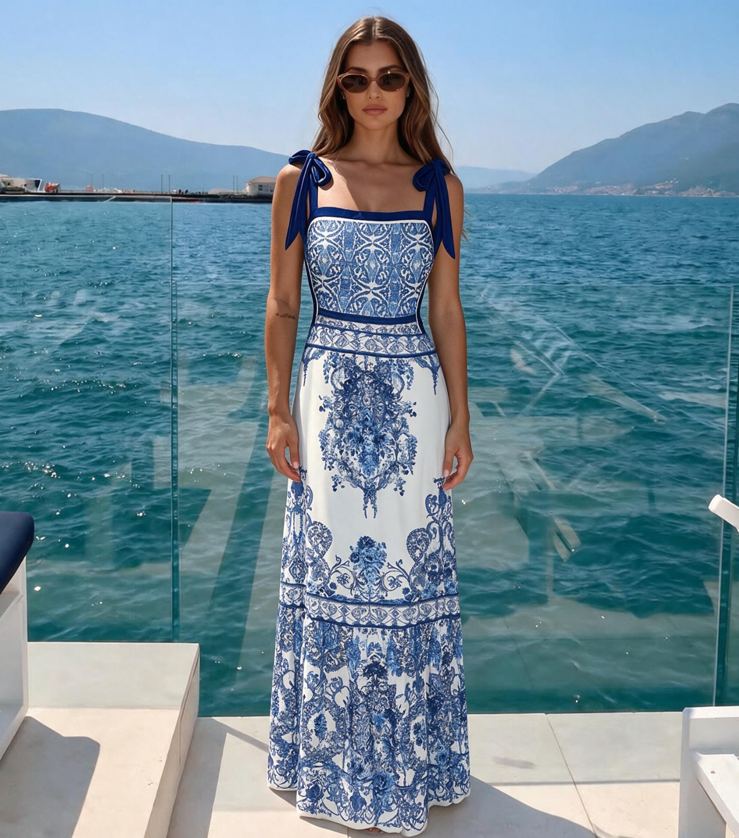 Blue and White Porcelain One Piece Swimsuit and Skirt