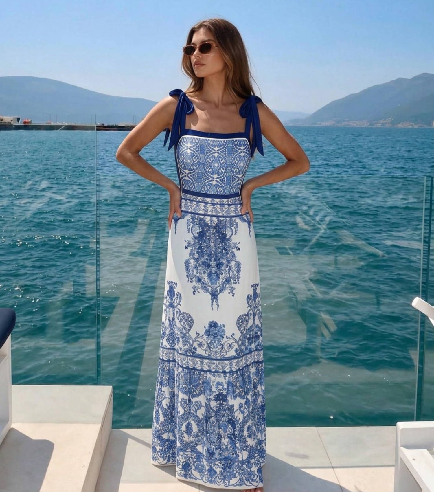 Blue and White Porcelain One Piece Swimsuit and Skirt