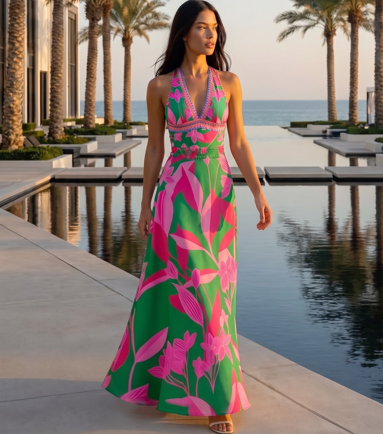Pink & Green Colorblock Print V-Neck Swimsuit Set(s)