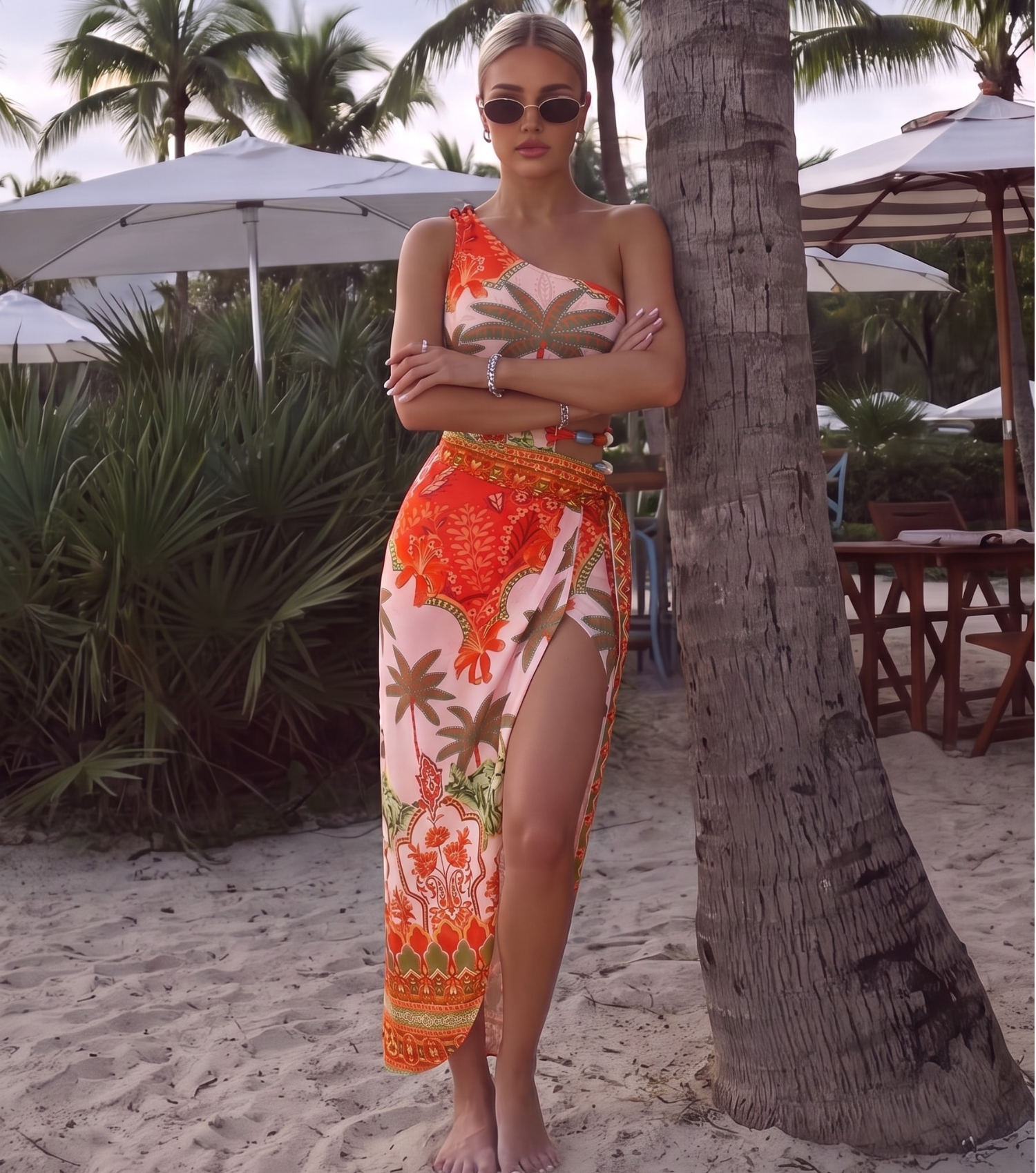 Beaded Cutout One Shoulder Coconut Palm Print One Piece Swimsuit and Skirt