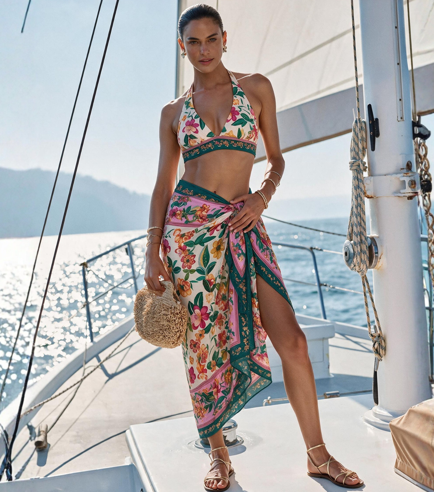 Halter-neck Bloom Haven Print Swimsuit Set(s)