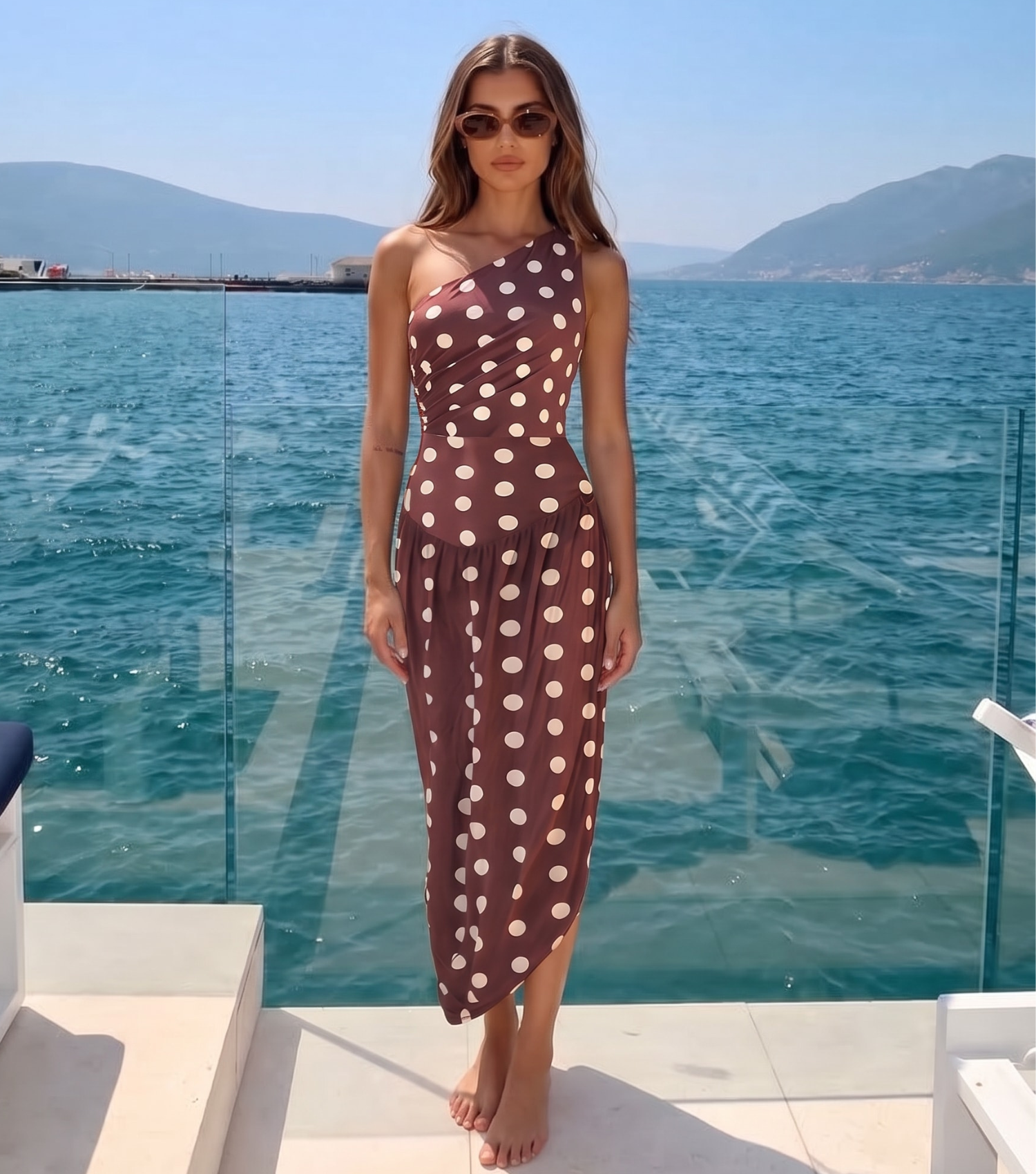 One Shoulder Dot Print Ruched Swimsuit Set(s)