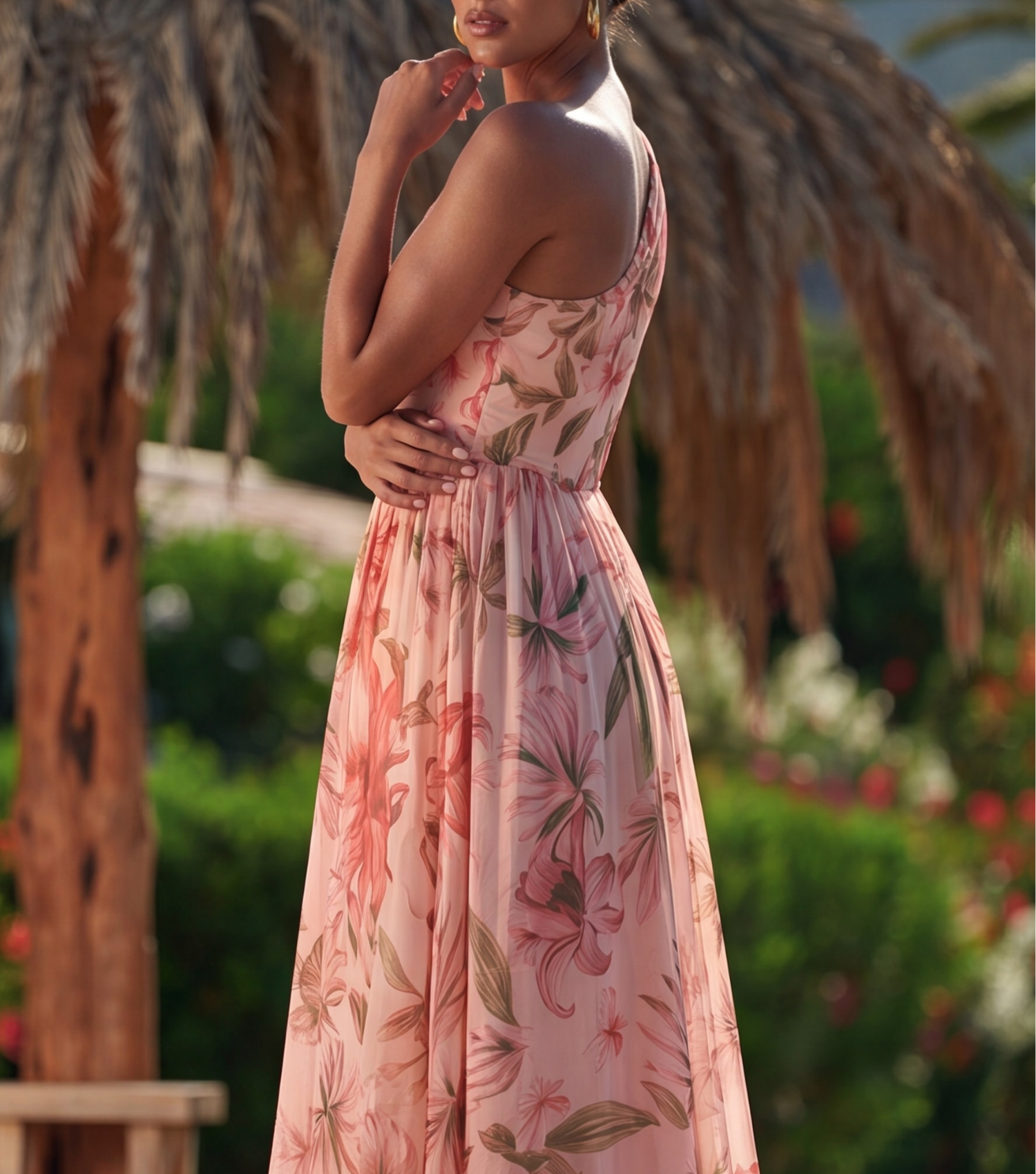 One Shoulder Pink Lily Print Swimsuit Set(s)