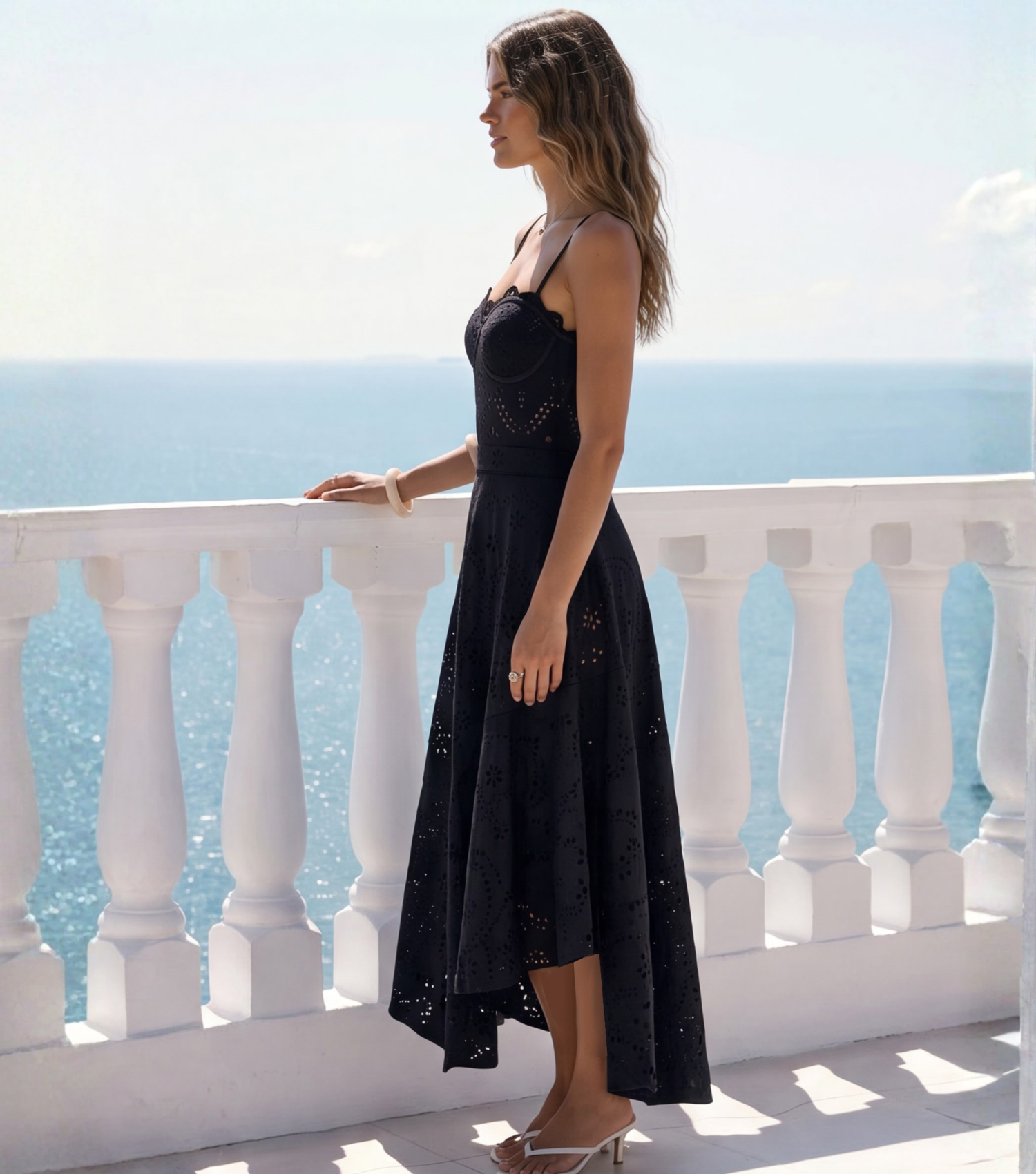 Black Laser Cut Hollow One Piece Swimsuit and Skirt