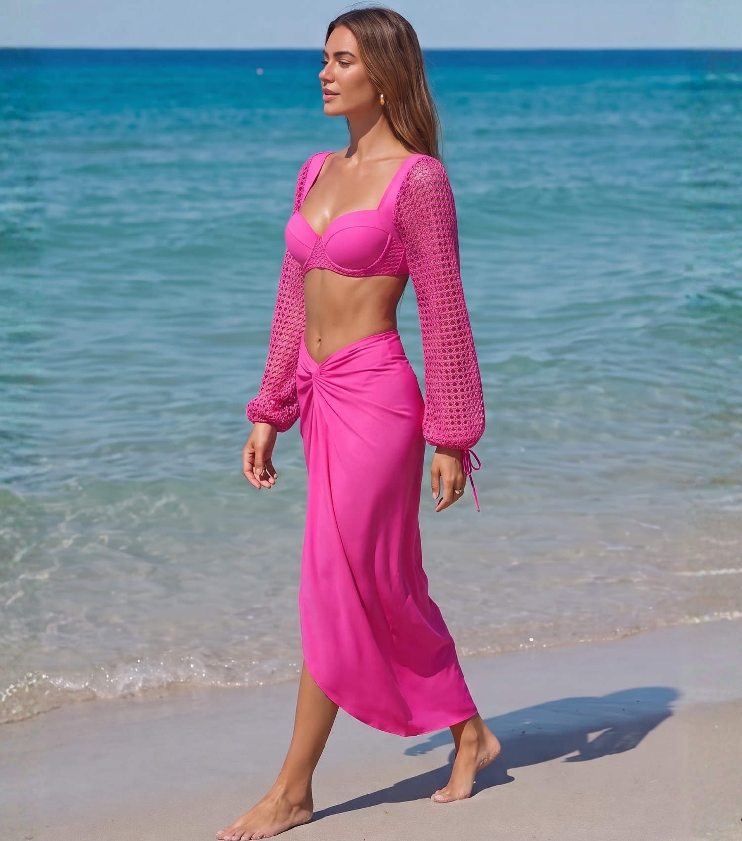 Mesh Hollow Splicing Long-sleeved Underwired Bikini Swimsuit and Sarong