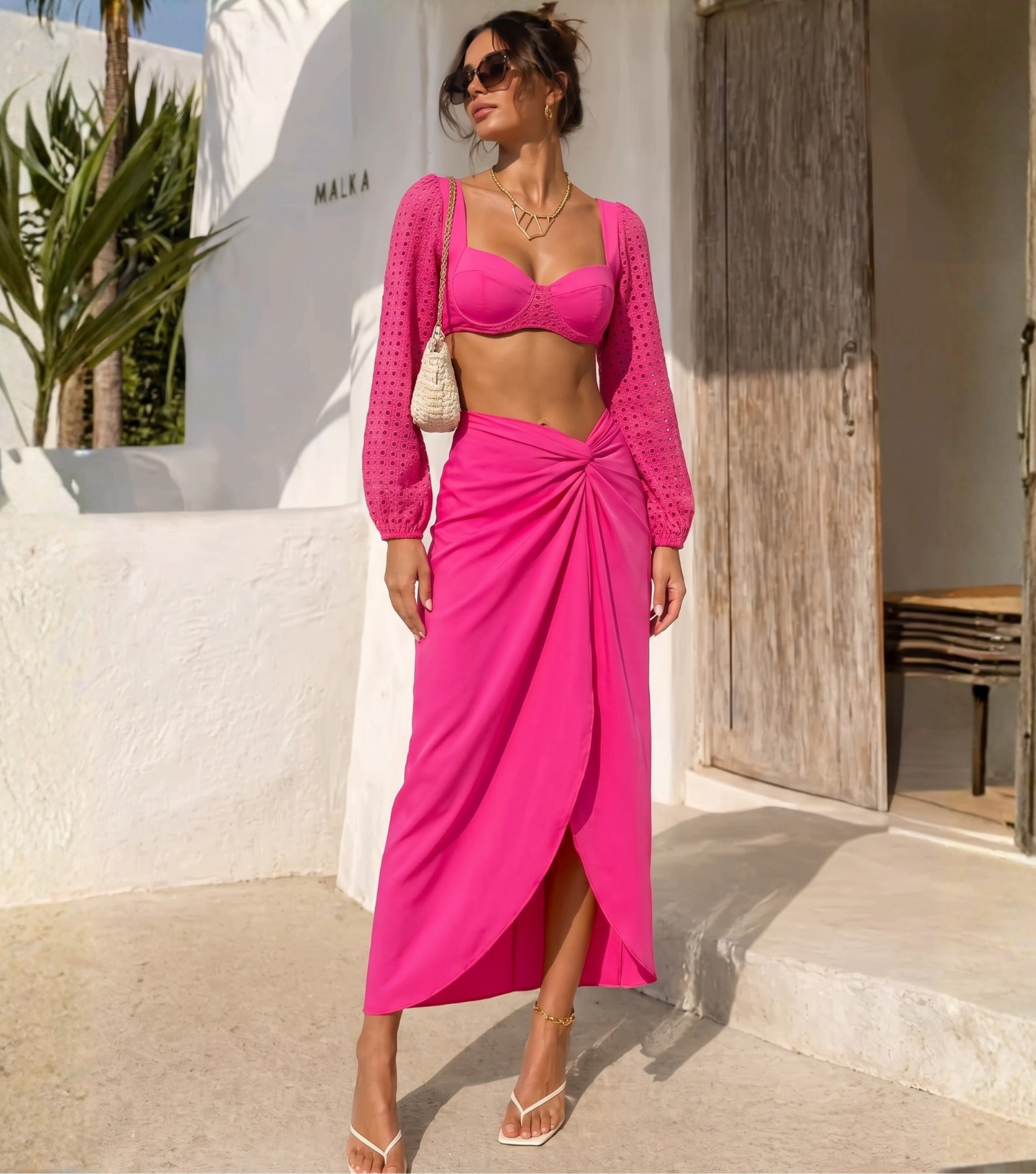 Mesh Hollow Splicing Long-sleeved Underwired Bikini Swimsuit and Sarong