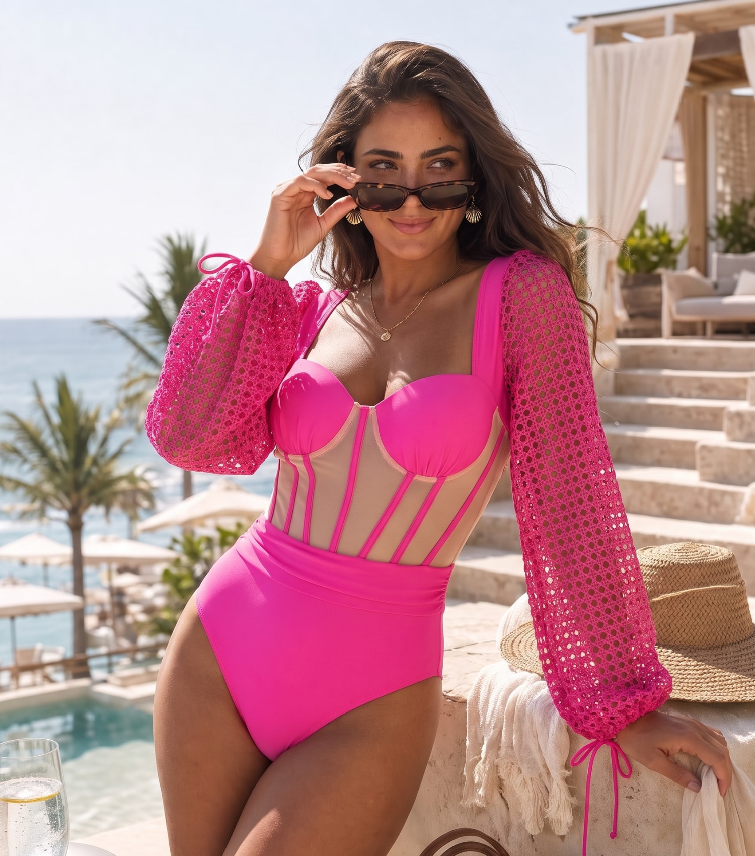 Mesh Hollow Long-sleeved Net Yarn Splicing One Piece Swimsuit and Sarong