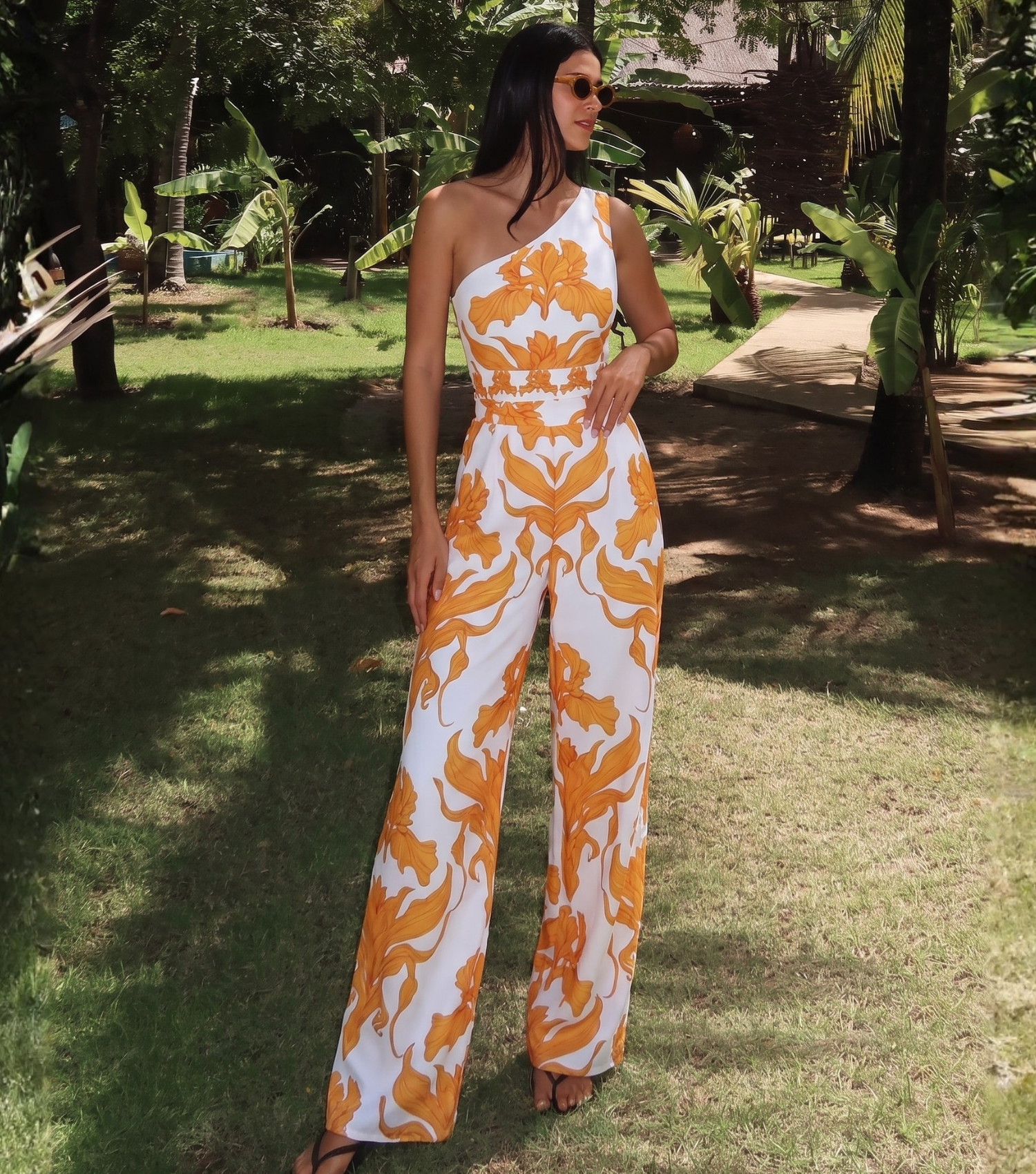 One Shoulder Iris Print One Piece Swimsuit and Pants