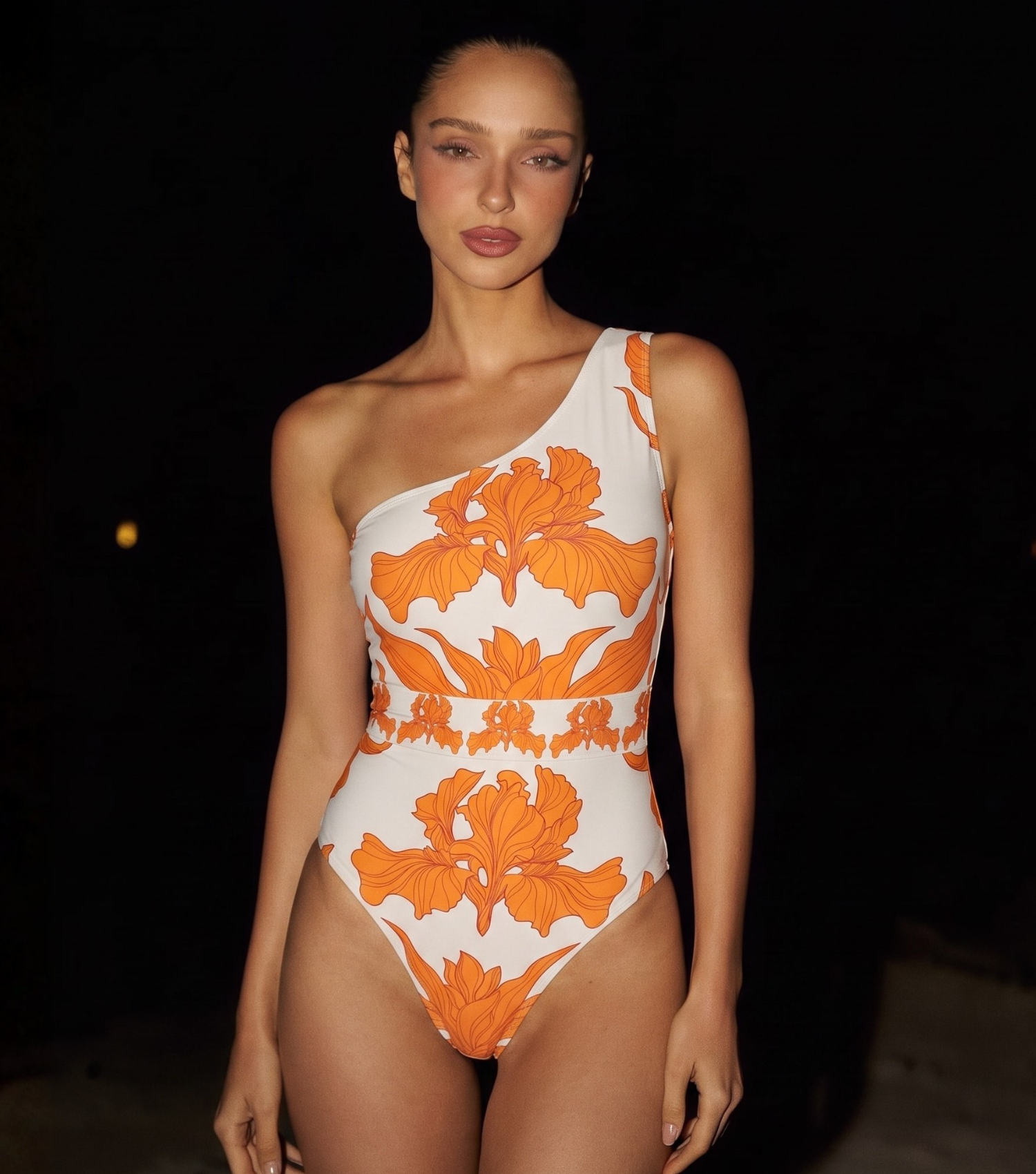 One Shoulder Iris Print One Piece Swimsuit and Pants