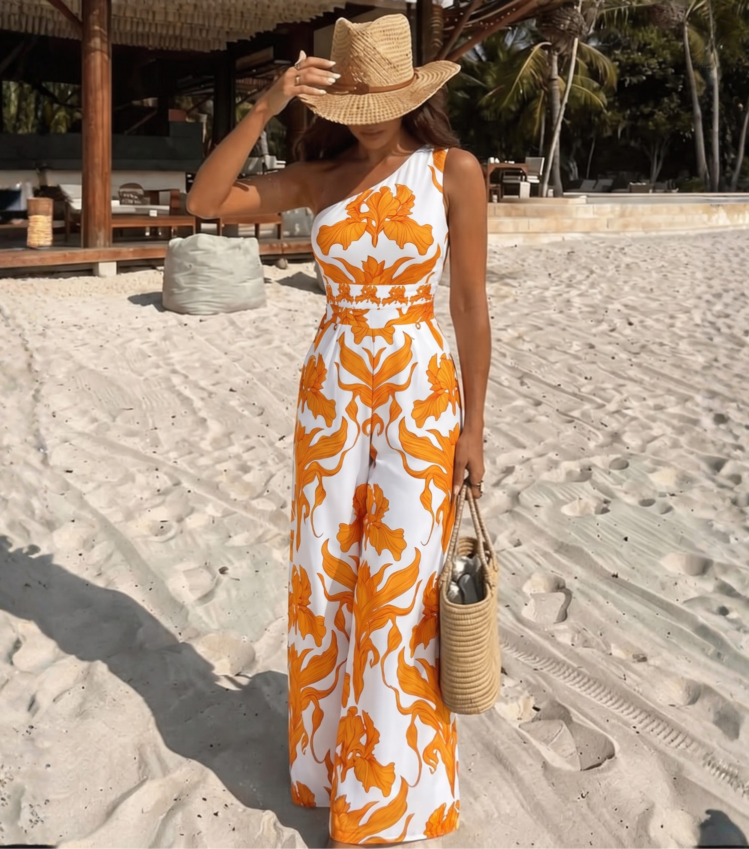 One Shoulder Iris Print One Piece Swimsuit and Pants