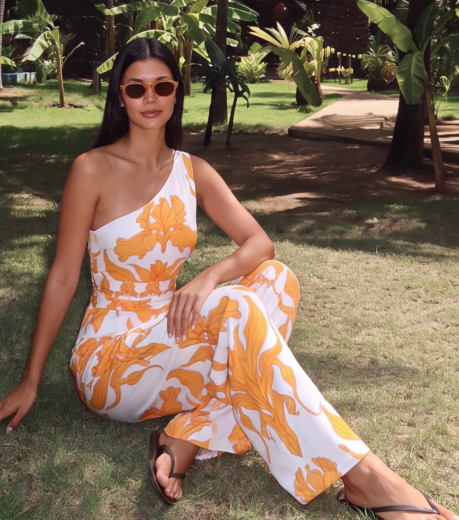 One Shoulder Iris Print One Piece Swimsuit and Pants
